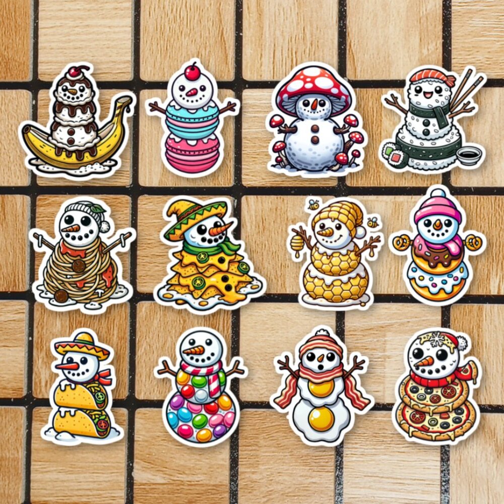 Cute Food Snowman Sticker Pack of 12 Vinyl Stickers - Christmas Sticker Set